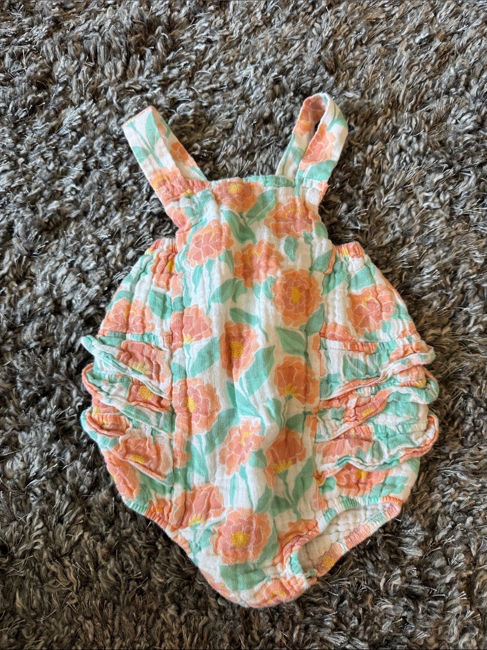 Angel Dear Floral Ruffle Romper in Coral, Mint & White